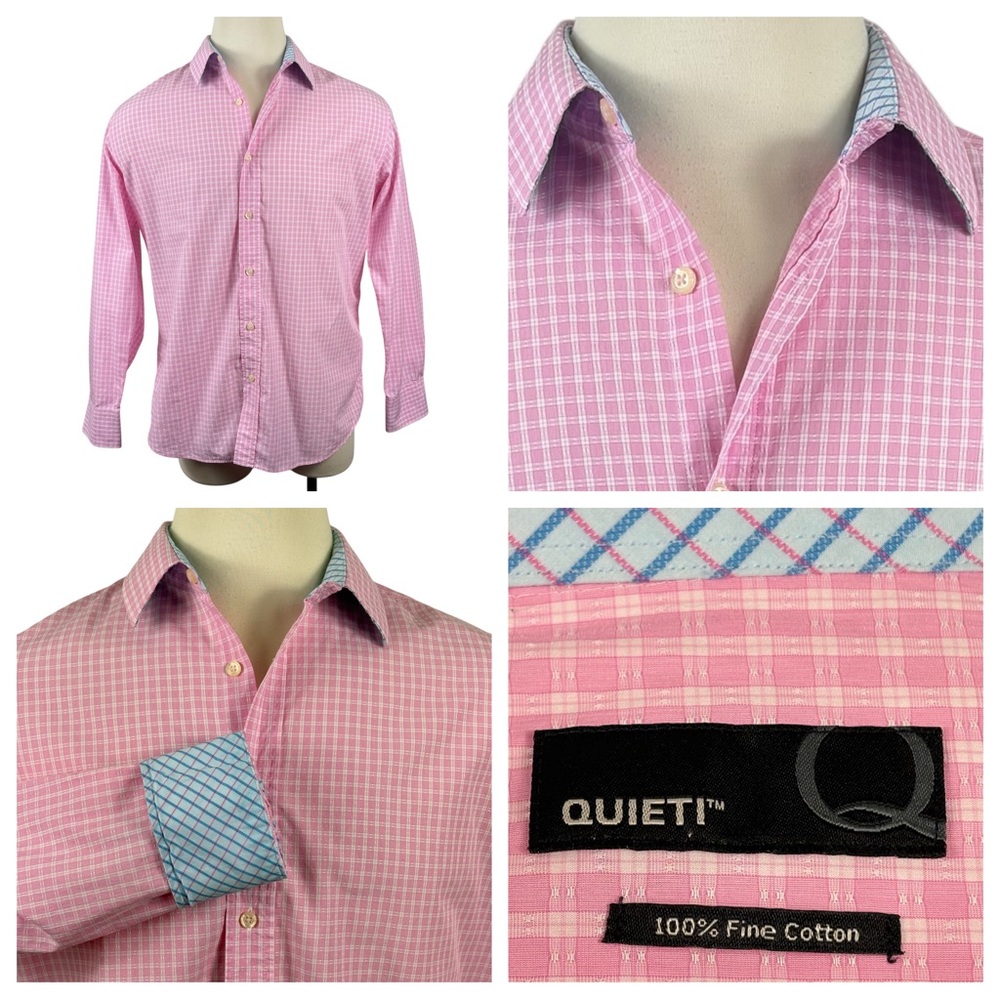 Men's Quieti Flip Cuff Pink/White Plaid 100% Fine‎ Cotton Button Down XL - Picture 3 of 10